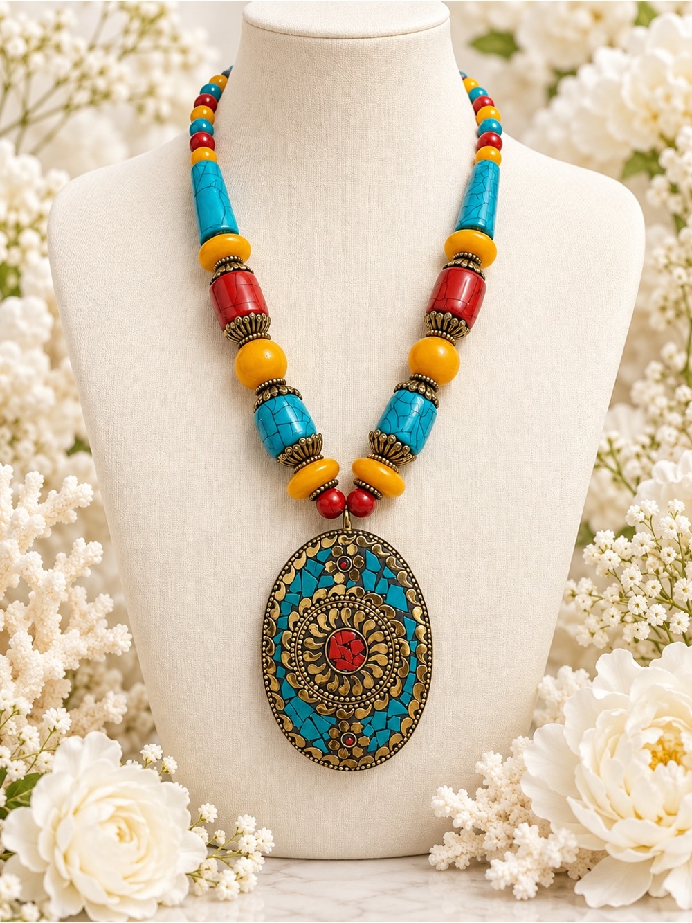 Bohemian Turquoise, Red & Yellow Pendant Necklace
